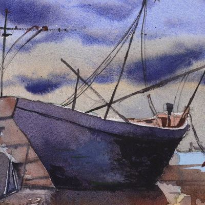 Alternate image for Signed Watercolor Seascape Painting in Impressionist Style Harbor of Stillness
