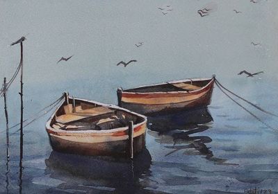 Alternate image for Impressionist Watercolor Seascape Painting from India Tied to Tranquility