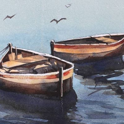 Alternate image for Impressionist Watercolor Seascape Painting from India Tied to Tranquility