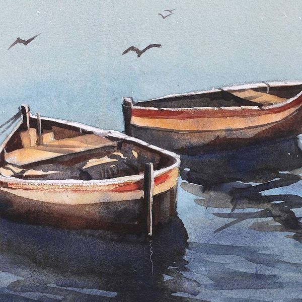 Alternate image for Impressionist Watercolor Seascape Painting from India Tied to Tranquility