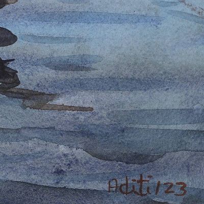 Alternate image for Impressionist Watercolor Seascape Painting from India Tied to Tranquility