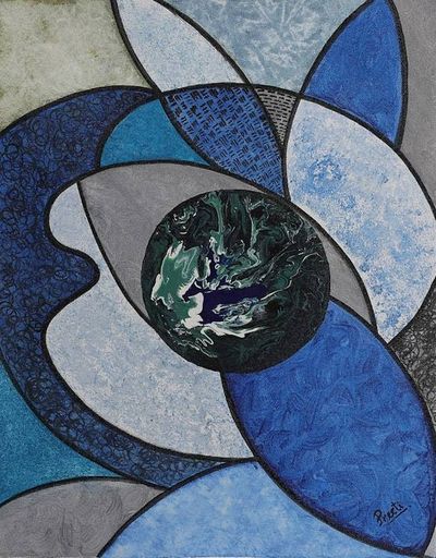 Alternate image for Signed Expressionist Abstract Blue and Grey Acrylic Painting Plant Earth