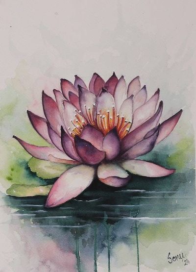 Alternate image for Watercolor on Paper Still Life Painting of a Lotus Flower Lotus Awakening