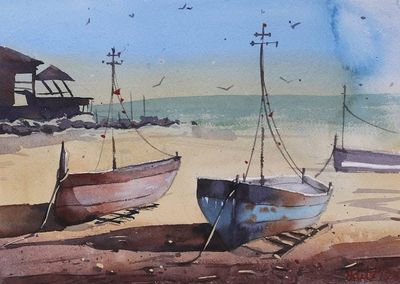 Primary image for Impressionist Watercolor Seascape Painting on Handmade Paper Anchored Dreams