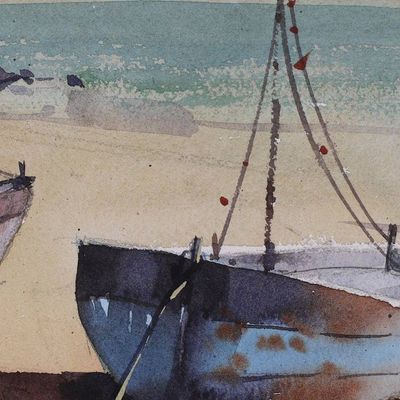 Alternate image for Impressionist Watercolor Seascape Painting on Handmade Paper Anchored Dreams