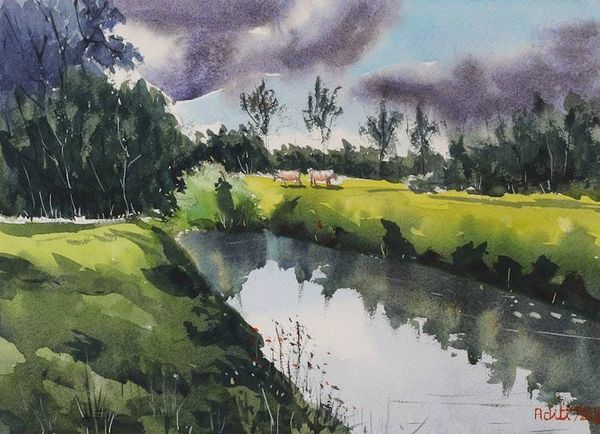 Alternate image for Impressionist Watercolor Landscape on Handmade Paper Norwester