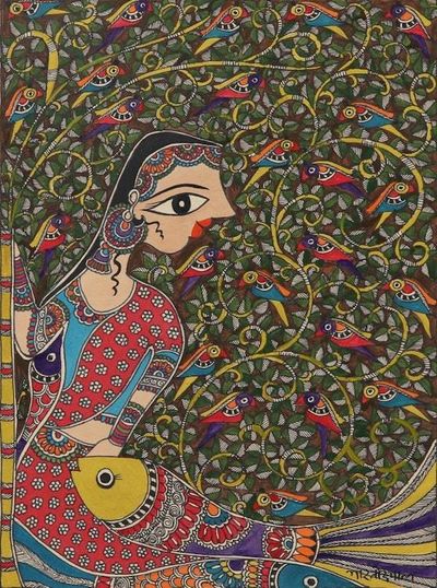 Alternate image for Woman  Bird Madhubani Painting on Handmade Paper from India Talking with Nature