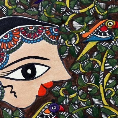 Alternate image for Woman  Bird Madhubani Painting on Handmade Paper from India Talking with Nature