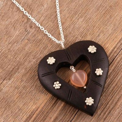 Alternate image for Rose Quartz and Ebony Wood Heart-Themed Pendant Necklace Blossoming Romance