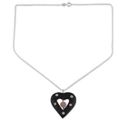 Alternate image for Rose Quartz and Ebony Wood Heart-Themed Pendant Necklace Blossoming Romance