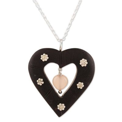 Alternate image for Rose Quartz and Ebony Wood Heart-Themed Pendant Necklace Blossoming Romance