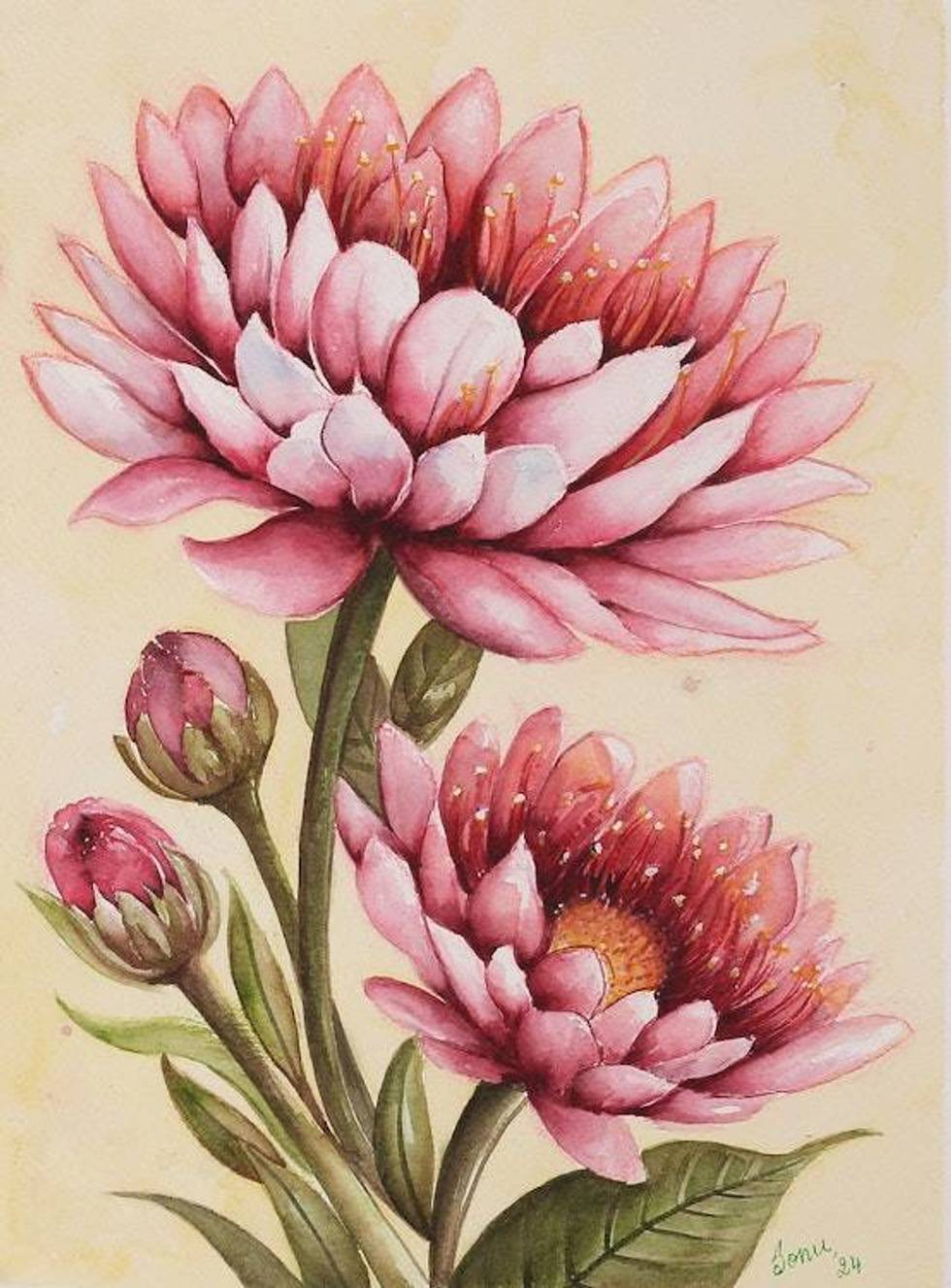 Inspirational Watercolor on Paper Painting with Pink Flowers 'Blush of Blooms'