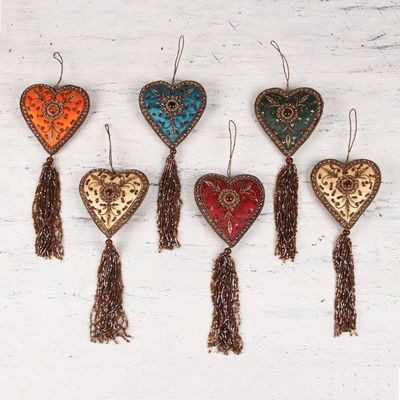 Primary image for Indian Colorful Hand Made Beaded Heart Ornaments Set of 6 Season of Love