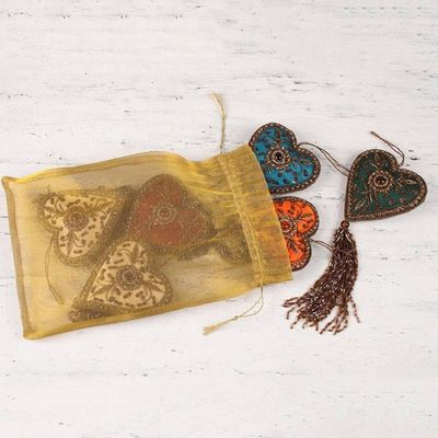 Alternate image for Indian Colorful Hand Made Beaded Heart Ornaments Set of 6 Season of Love