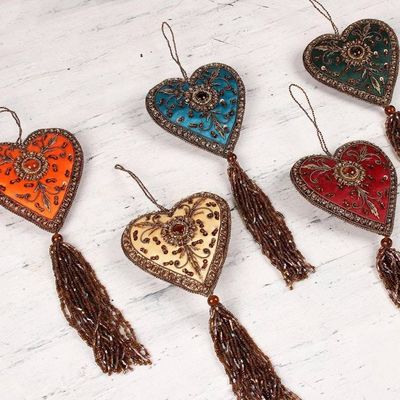 Alternate image for Indian Colorful Hand Made Beaded Heart Ornaments Set of 6 Season of Love