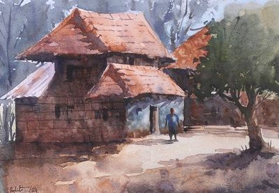 Primary image for Impressionist Warm Watercolor Painting of a Rural House Whispers of the Village
