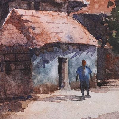 Alternate image for Impressionist Warm Watercolor Painting of a Rural House Whispers of the Village