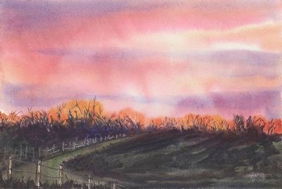 Primary image for Evocative Watercolor Painting of Sunset Landscape Path to Malda