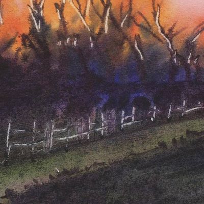 Alternate image for Evocative Watercolor Painting of Sunset Landscape Path to Malda