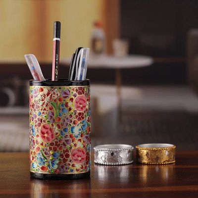 Alternate image for Hand-Painted Colorful Floral Wood Papier Mache Pen Holder Floral Ecstasy