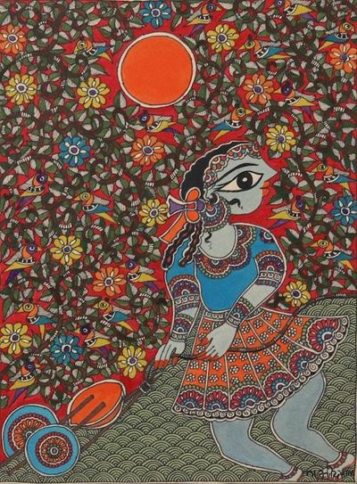 Alternate image for Child Play Madhubani Painting on Handmade Paper from India Bachpan