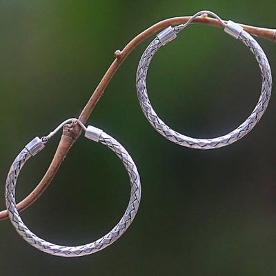 Alternate image for Hoop Earrings of Handwoven Sterling Silver Ribbons Celuk Circles