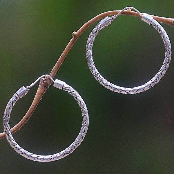 Alternate image for Hoop Earrings of Handwoven Sterling Silver Ribbons Celuk Circles