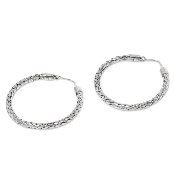 Alternate image for Hoop Earrings of Handwoven Sterling Silver Ribbons Celuk Circles