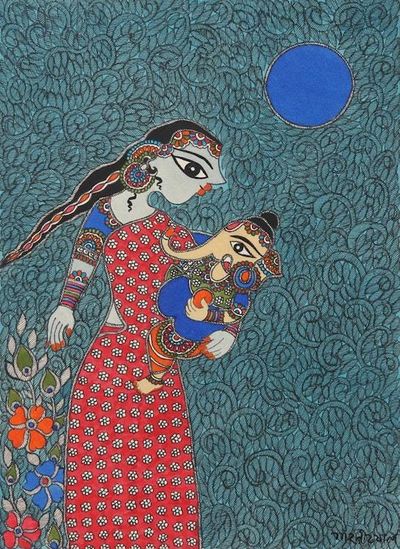 Alternate image for Parvati  Ganesha Madhubani Painting on Paper from India Parvati  Ganesha - Motherhood