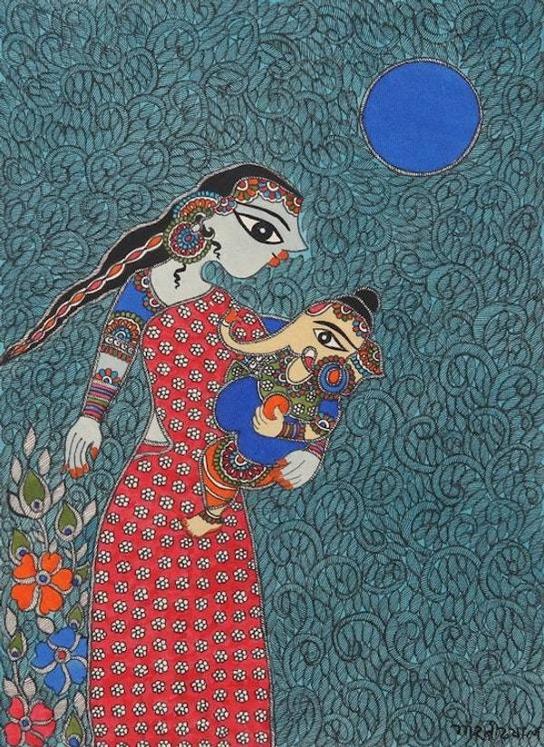 Alternate image for Parvati Ganesha Madhubani Painting on Paper from India Parvati Ganesha - Motherhood