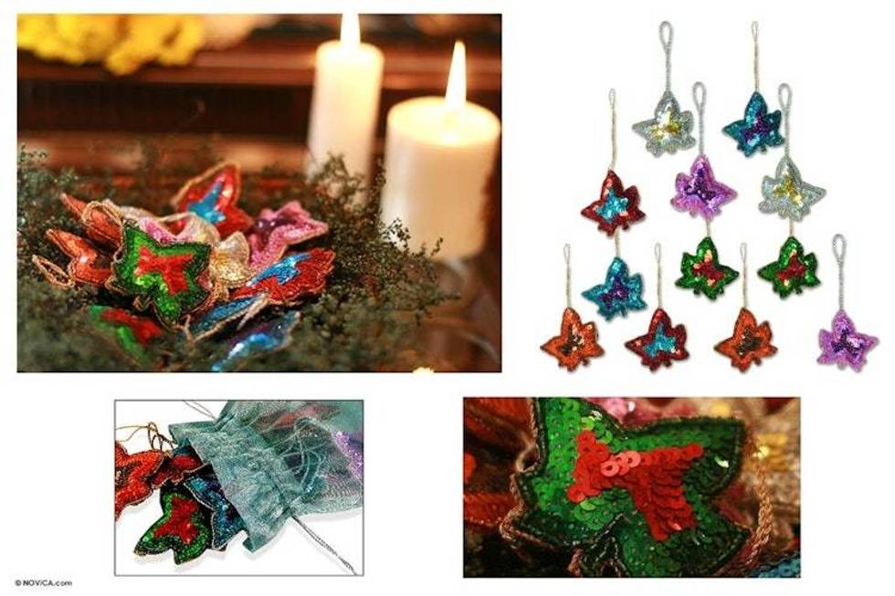 Beaded ornaments Set of 12 'Maple Leaves'