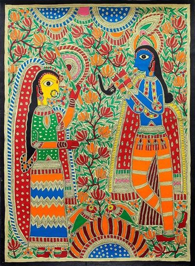 Alternate image for Madhubani painting Devoted Radha  Krishna