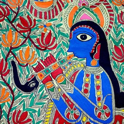Alternate image for Madhubani painting Devoted Radha  Krishna