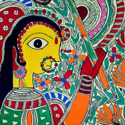 Alternate image for Madhubani painting Devoted Radha  Krishna