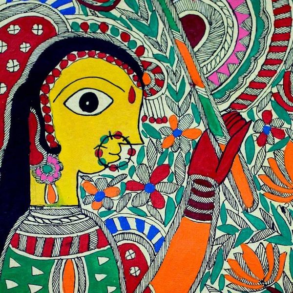 Alternate image for Madhubani painting Devoted Radha Krishna