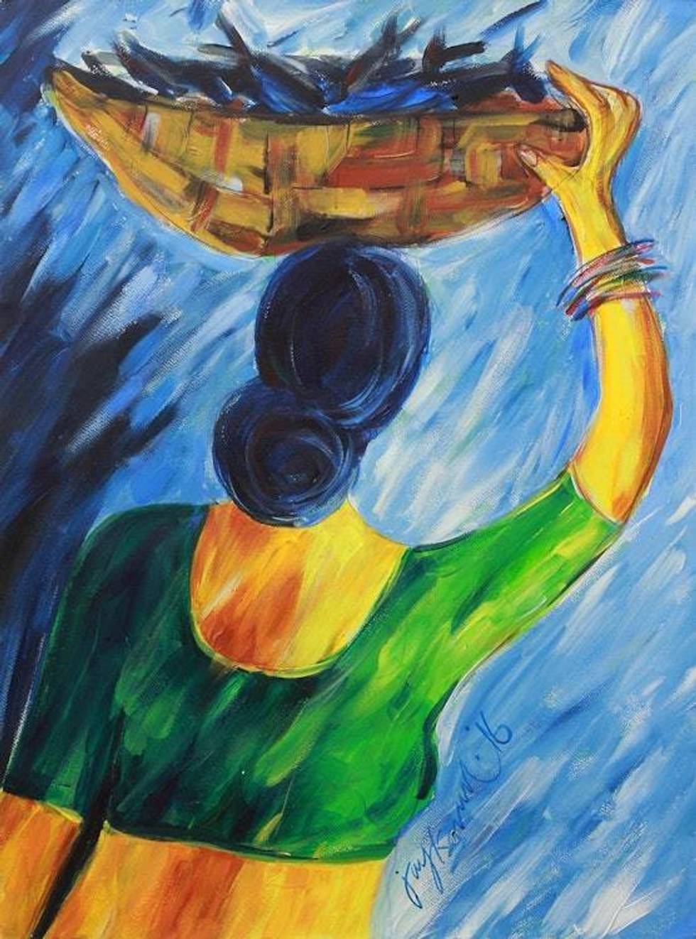 Signed Painting of Indian Woman Selling Fish 'The Fishmonger'
