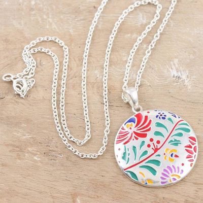 Alternate image for Colorful Floral Sterling Silver Pendant Necklace from India Jaipur Garden