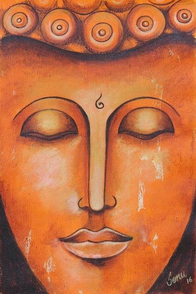 Primary image for Expressionist Painting of Buddha in Orange from India Buddha At Peace