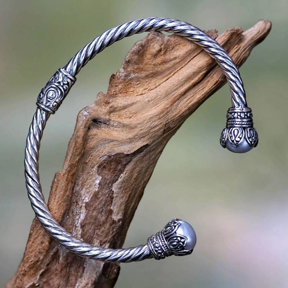 Cultured Pearl and Sterling Silver Cuff Bracelet from Bali 'Cotton Boll'