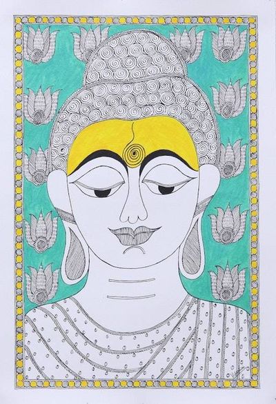 Primary image for Signed Madhubani Painting of Buddha from India Buddha at Peace