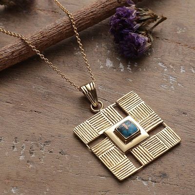 Alternate image for Traditional Geometric Recon Turquoise Brass Pendant Necklace Paths to Serenity