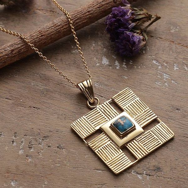 Alternate image for Traditional Geometric Recon Turquoise Brass Pendant Necklace Paths to Serenity