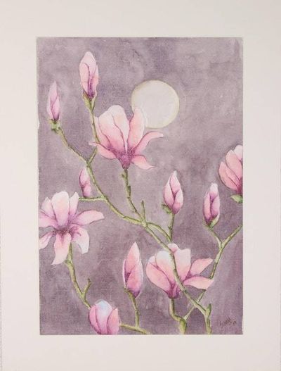 Primary image for Signed Pink Magnolia Painting from India Magnolia in Moonlight
