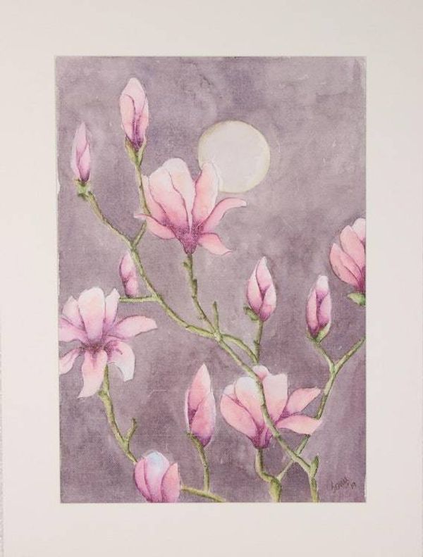 Alternate image for Signed Pink Magnolia Painting from India Magnolia in Moonlight