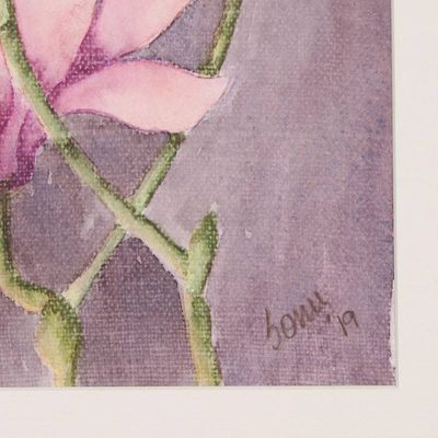 Alternate image for Signed Pink Magnolia Painting from India Magnolia in Moonlight
