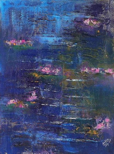 Alternate image for Expressionist Acrylic on Canvas Floral Pond Painting Lily Pond III