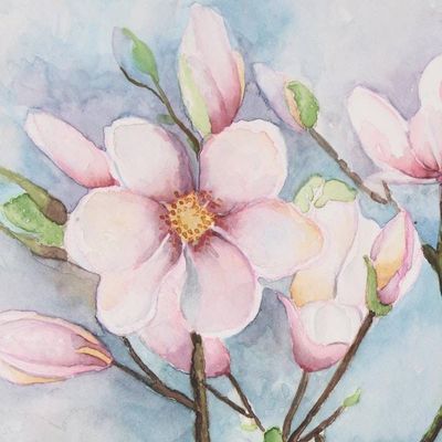 Alternate image for Signed Still-Life Floral Watercolor Painting from India Spring Blossoms
