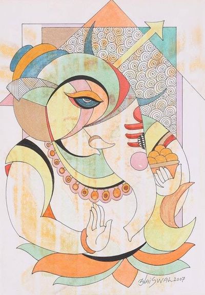 Primary image for Signed Multimedia Expressionist Ganesha Painting from India Lalitasana Sitting Posture