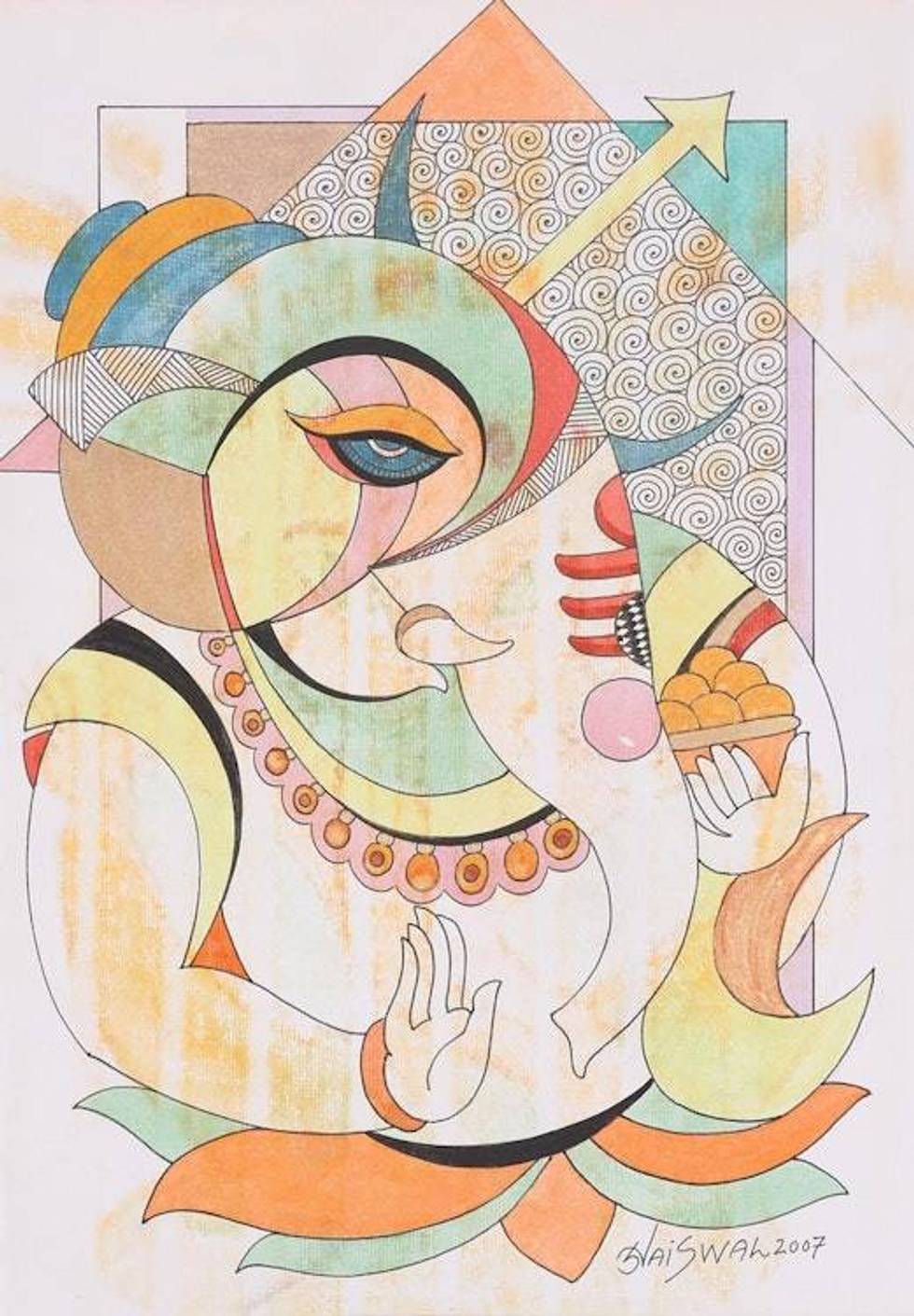 Signed Multimedia Expressionist Ganesha Painting from India 'Lalitasana Sitting Posture'
