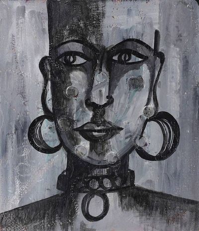 Alternate image for Expressionist Black and Grey Acrylic Painting of Warrior Warrior with Bruises